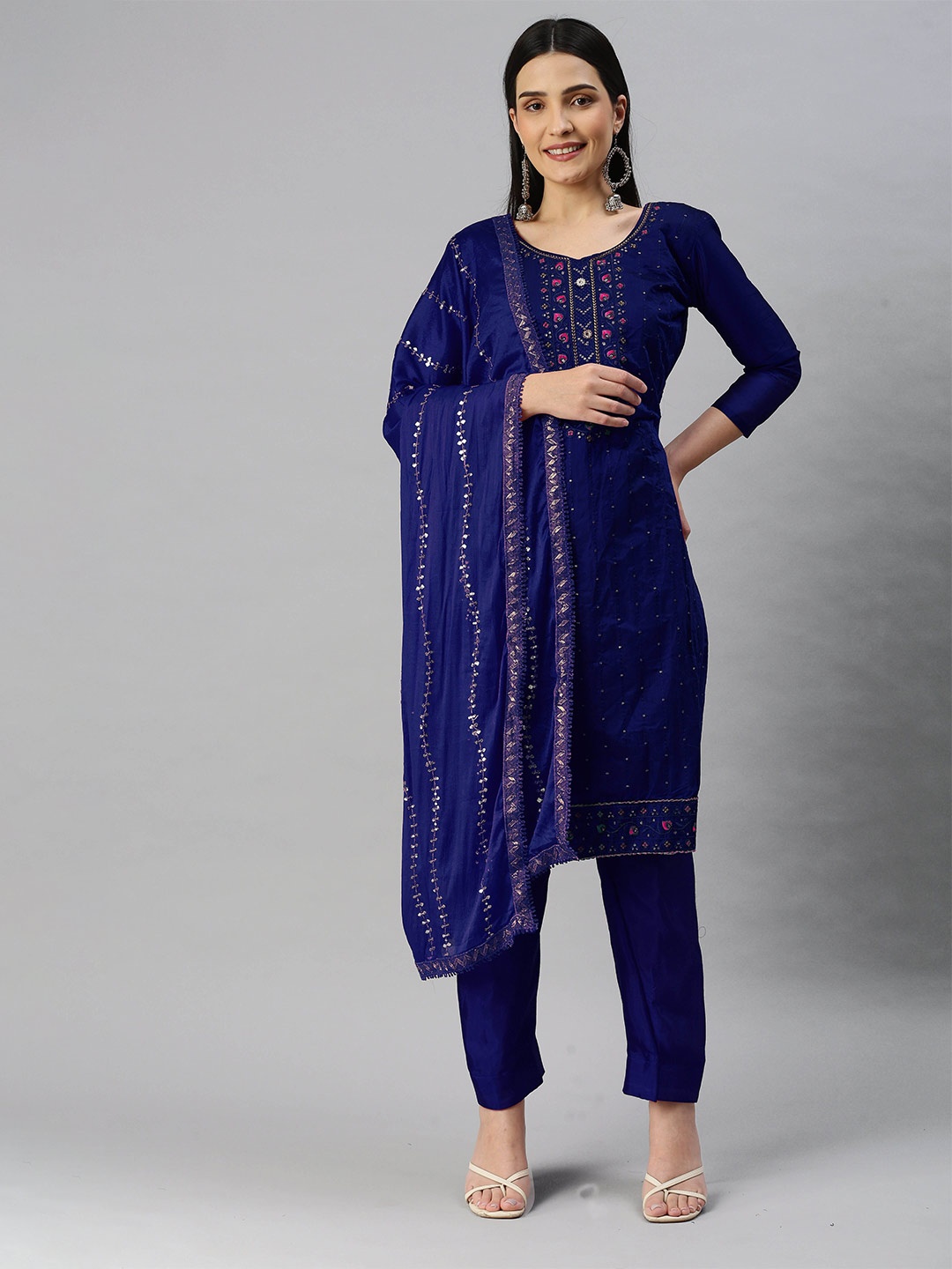 

MANVAA Ethnic Motifs Embroidered Sequinned Unstitched Dress Material, Blue