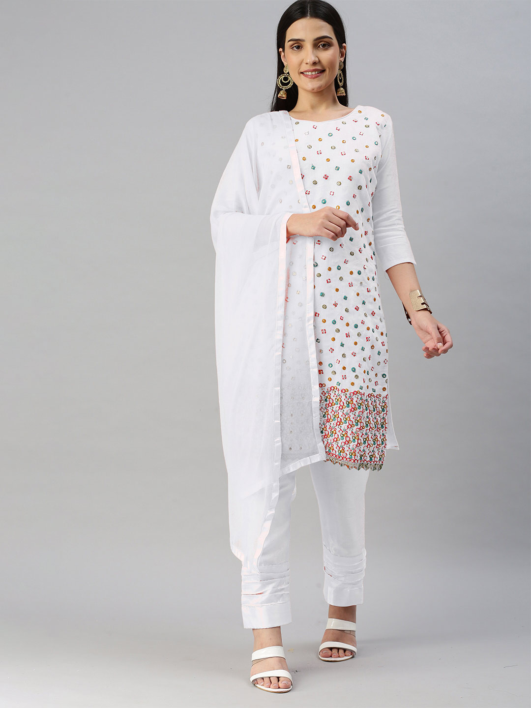 

MANVAA Embroidered Unstitched Dress Material, White