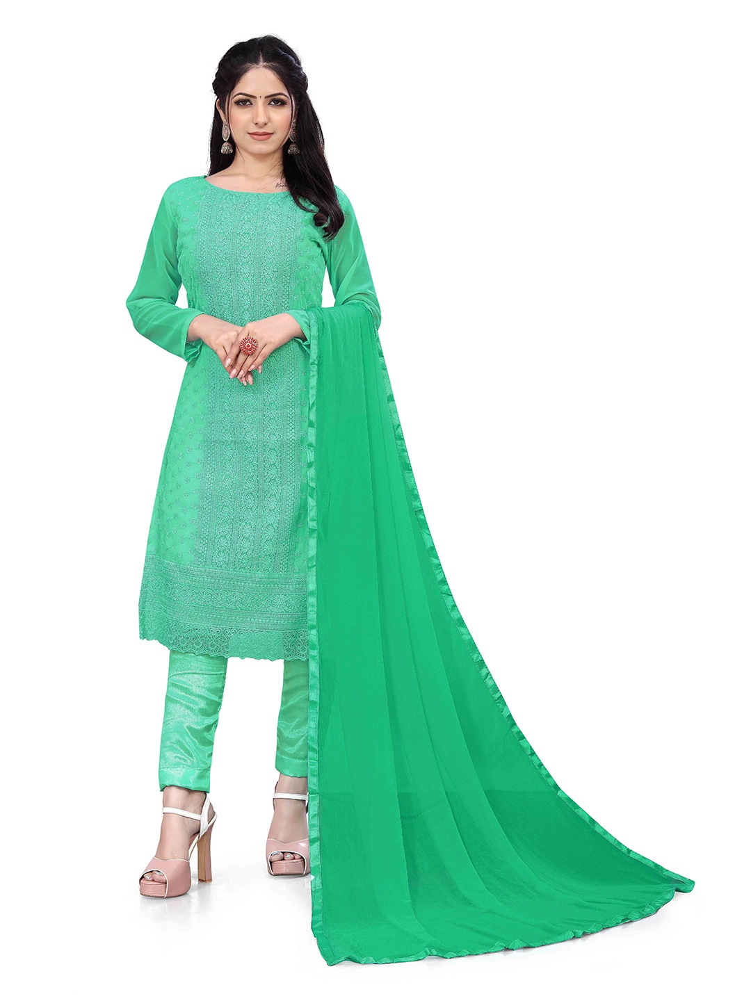 

MANVAA Ethnic Motifs Embroidered Unstitched Dress Material, Lime green