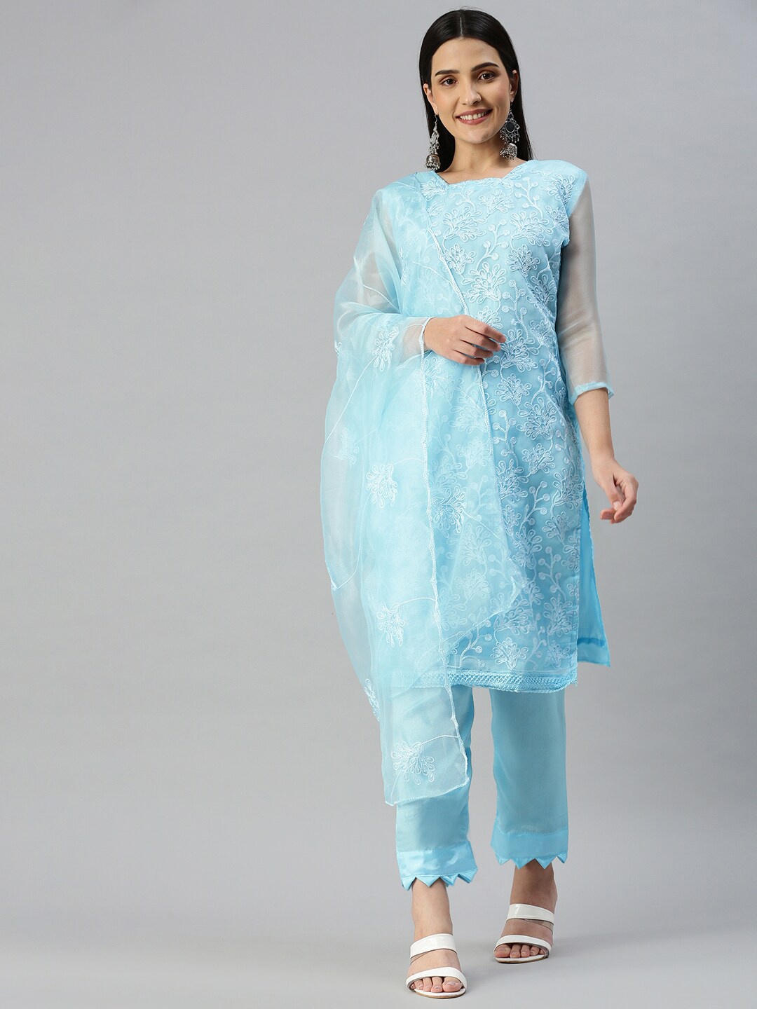 

MANVAA Embroidered Organza Unstitched Dress Material, Teal