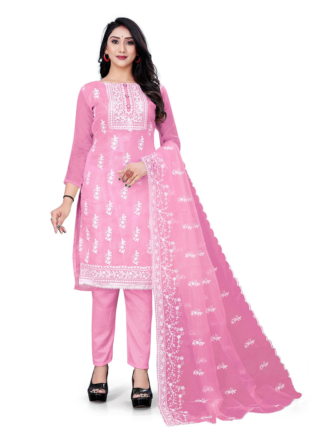 

MANVAA Ethnic Motifs Embroidered Organza Unstitched Dress Material, Pink