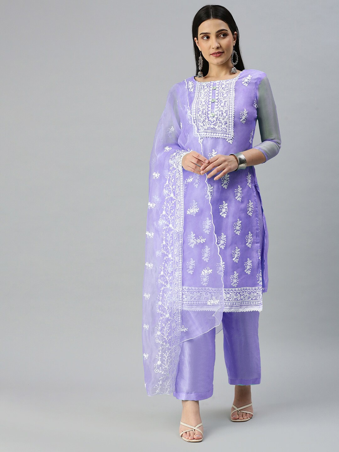 

MANVAA Embroidered Organza Unstitched Dress Material, Purple