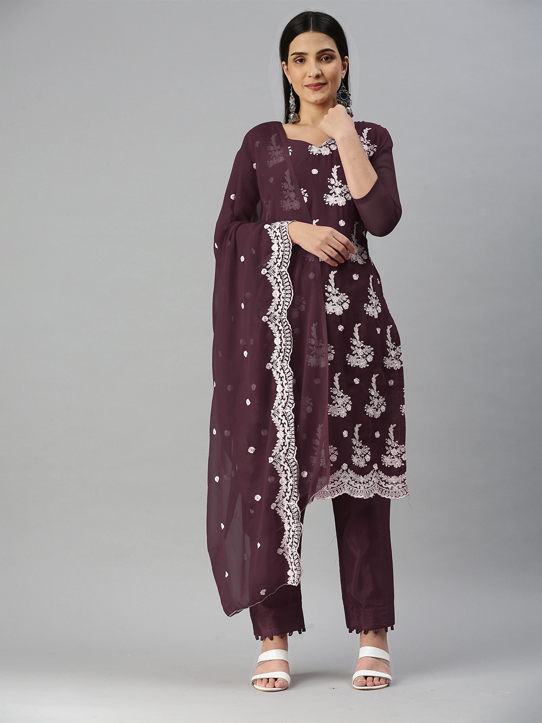 

MANVAA Embroidered Unstitched Dress Material, Brown
