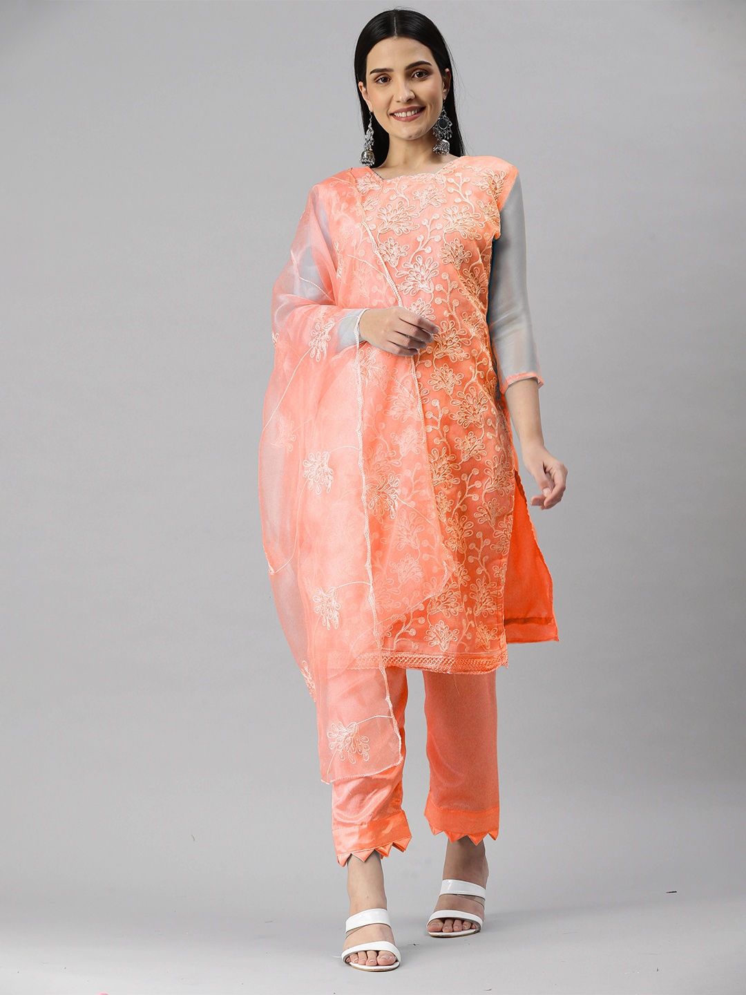 

MANVAA Embroidered Organza Unstitched Dress Material, Orange