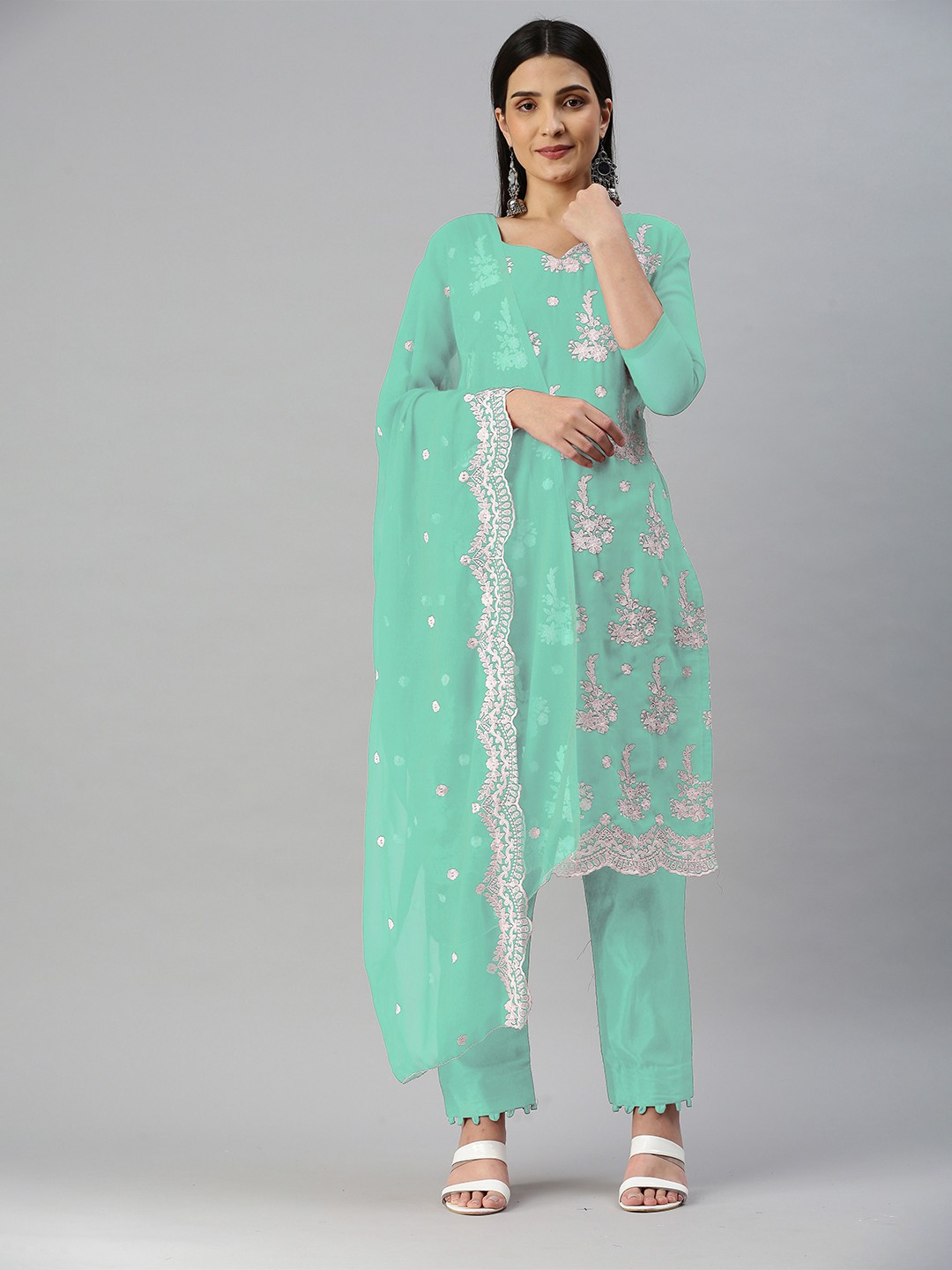 

MANVAA Floral Embroidered Unstitched Dress Material, Sea green