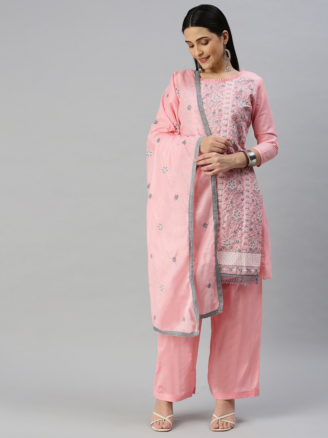 

MANVAA Floral Embroidered Unstitched Dress Material, Pink