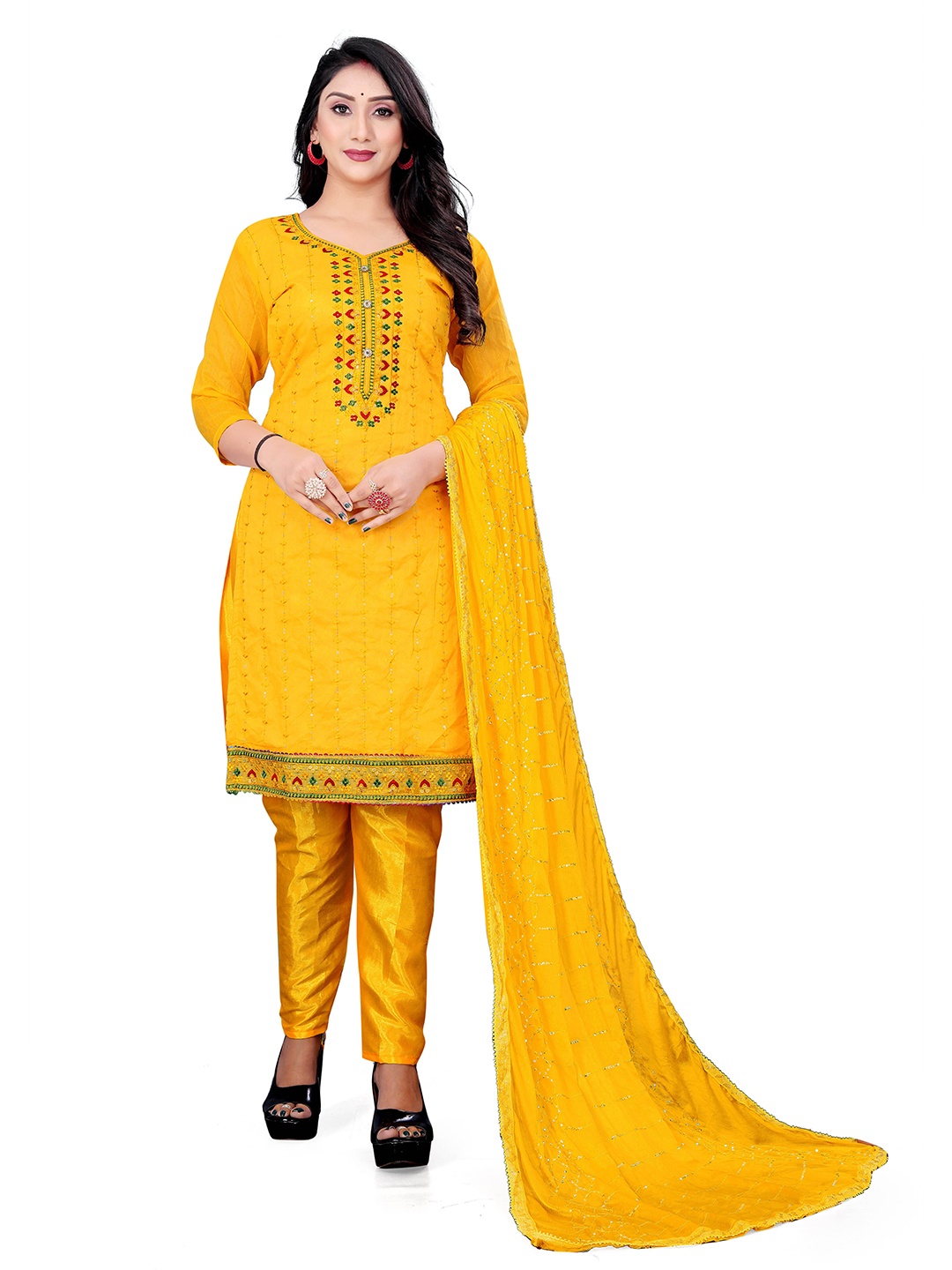 

MANVAA Geometric Embroidered Sequinned Unstitched Dress Material, Yellow