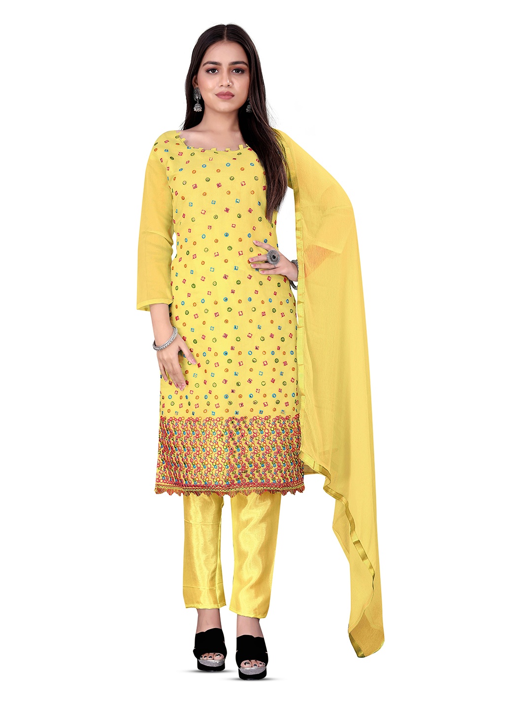 

MANVAA Geometric Embroidered Unstitched Dress Material, Yellow