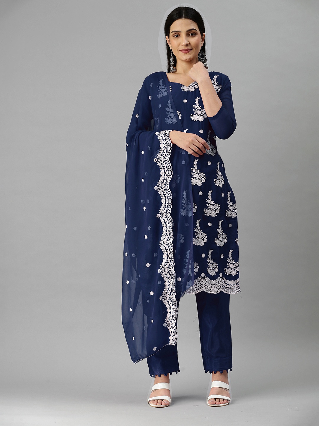 

MANVAA Floral Embroidered Unstitched Dress Material, Navy blue