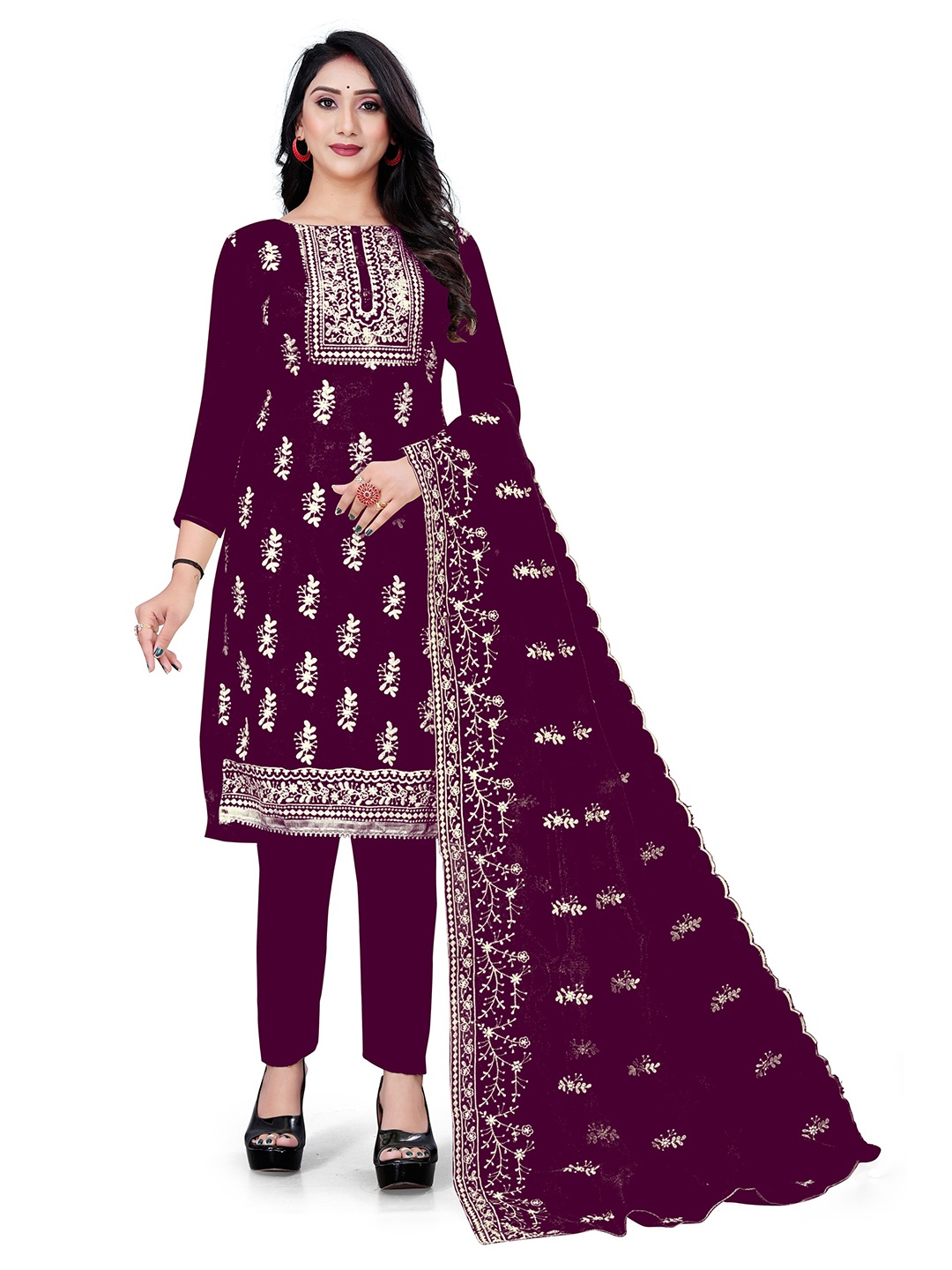 

MANVAA Embroidered Organza Unstitched Dress Material, Magenta