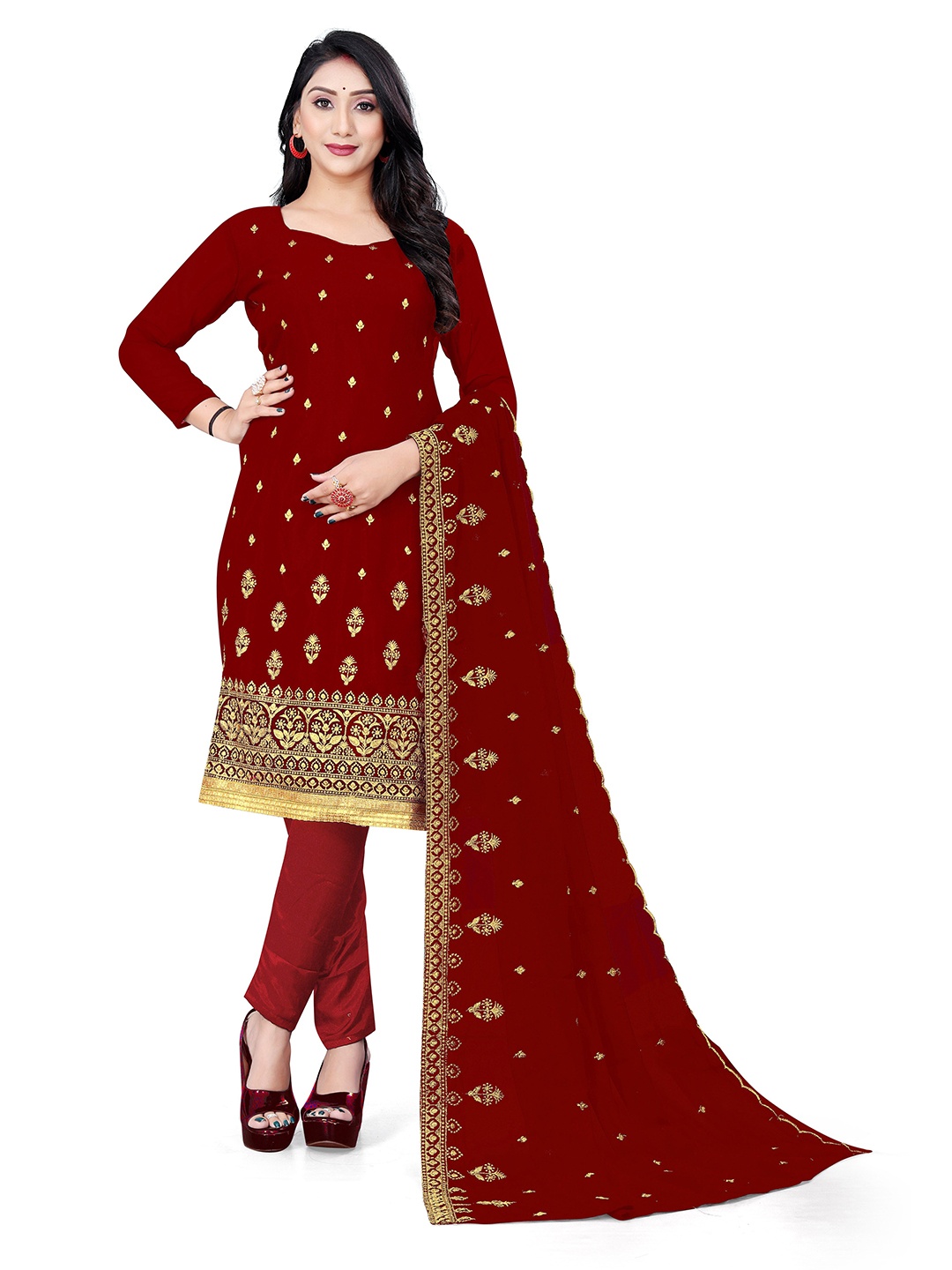 

MANVAA Embroidered Unstitched Dress Material, Maroon