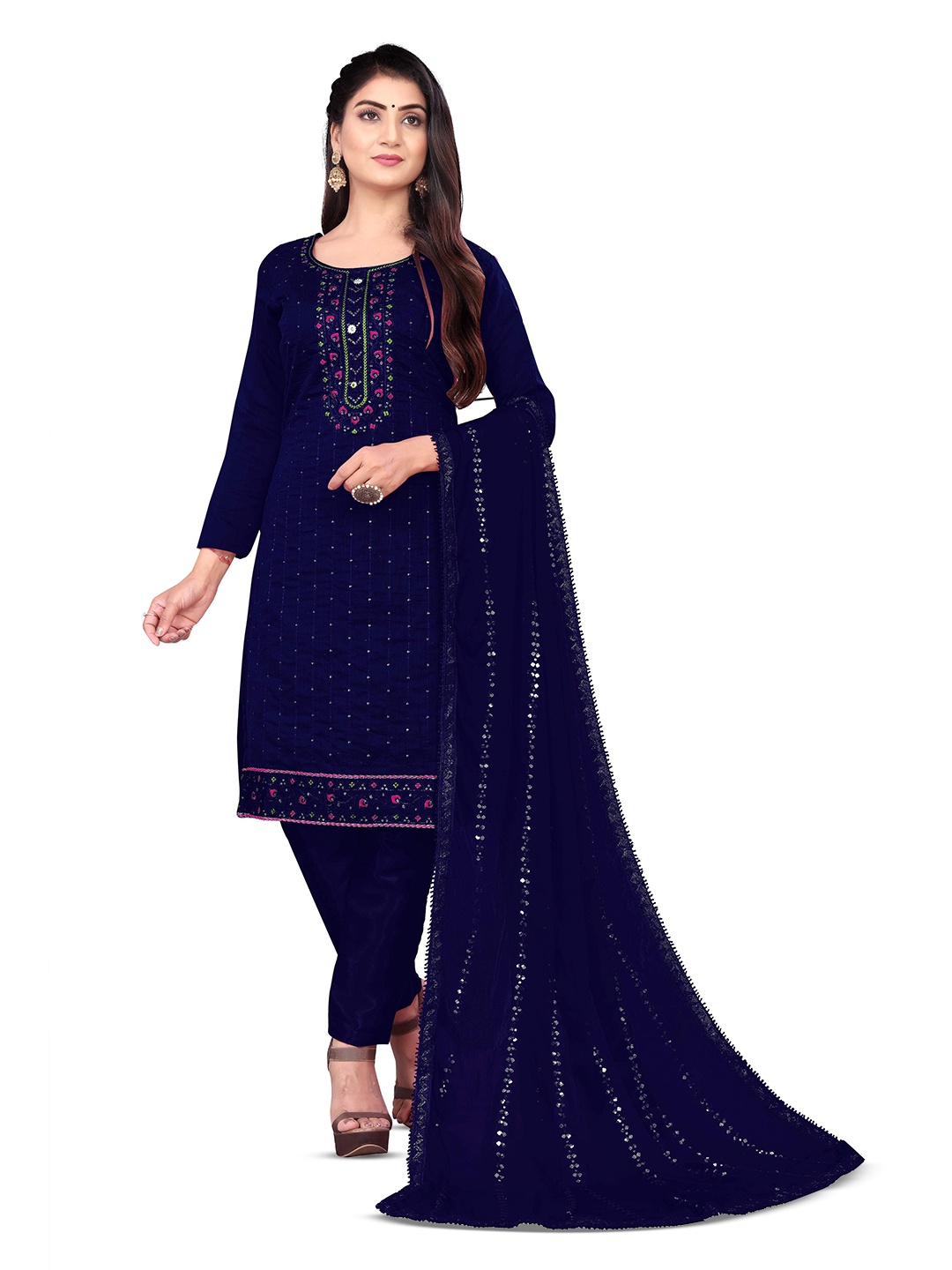 

MANVAA Embroidered Chanderi Cotton Unstitched Dress Material, Blue