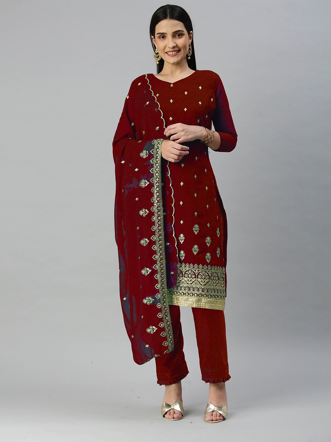 

MANVAA Ethnic Motifs Embroidered Unstitched Dress Material, Maroon