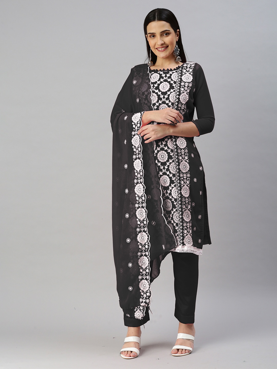 

MANVAA Floral Printed Embroidered Unstitched Dress Material, Black