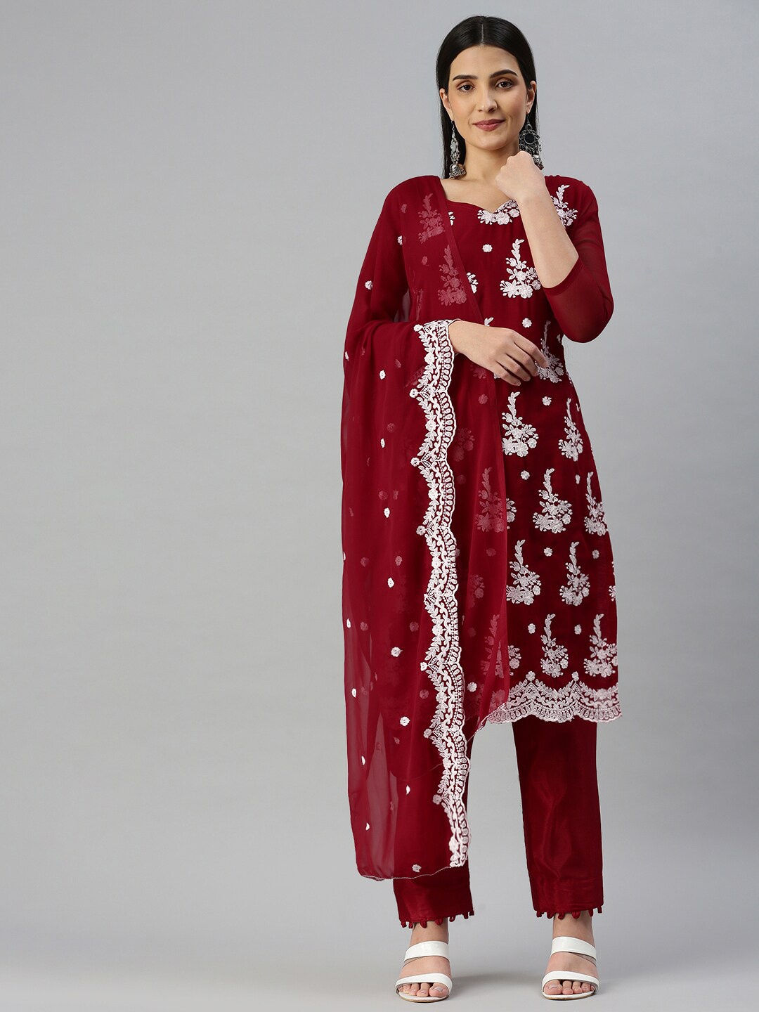 

MANVAA Floral Embroidered Unstitched Dress Material, Red