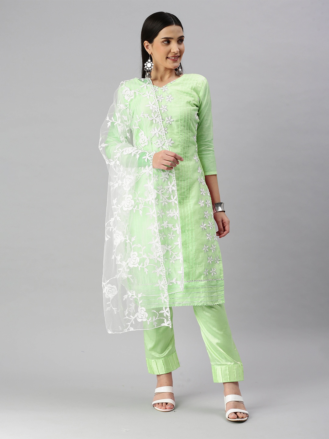 

MANVAA Embroidered Chanderi Cotton Unstitched Dress Material, Green