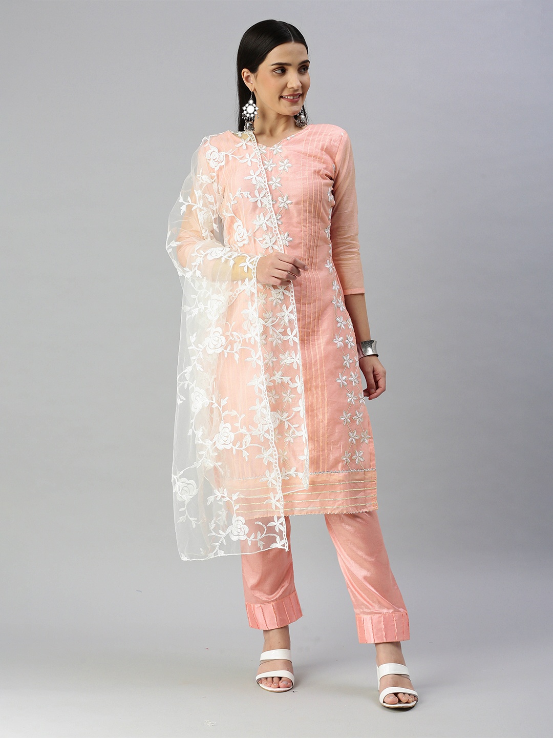 

MANVAA Embroidered Chanderi Cotton Unstitched Dress Material, Peach