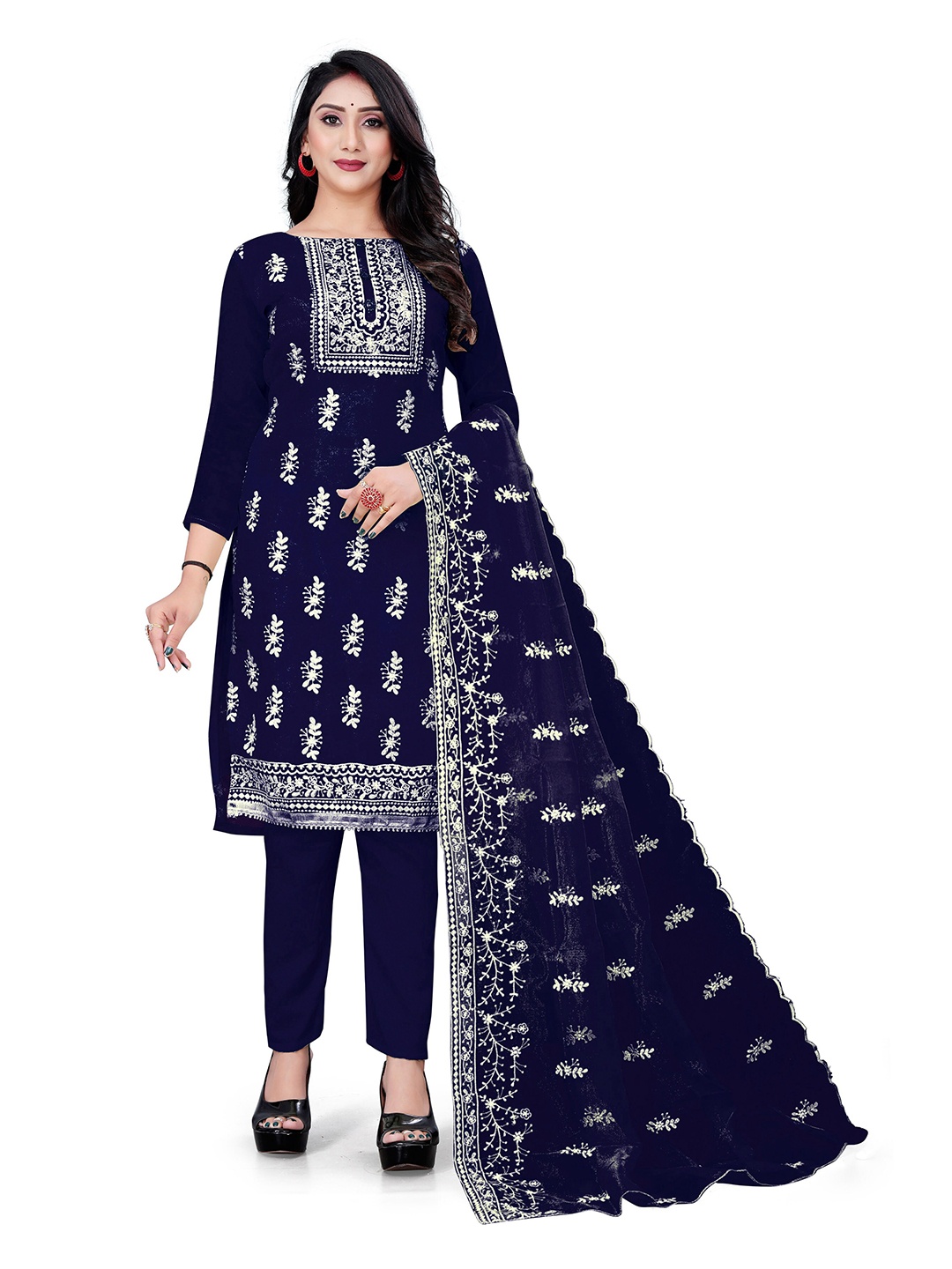 

MANVAA Floral Embroidered Organza Unstitched Dress Material, Blue