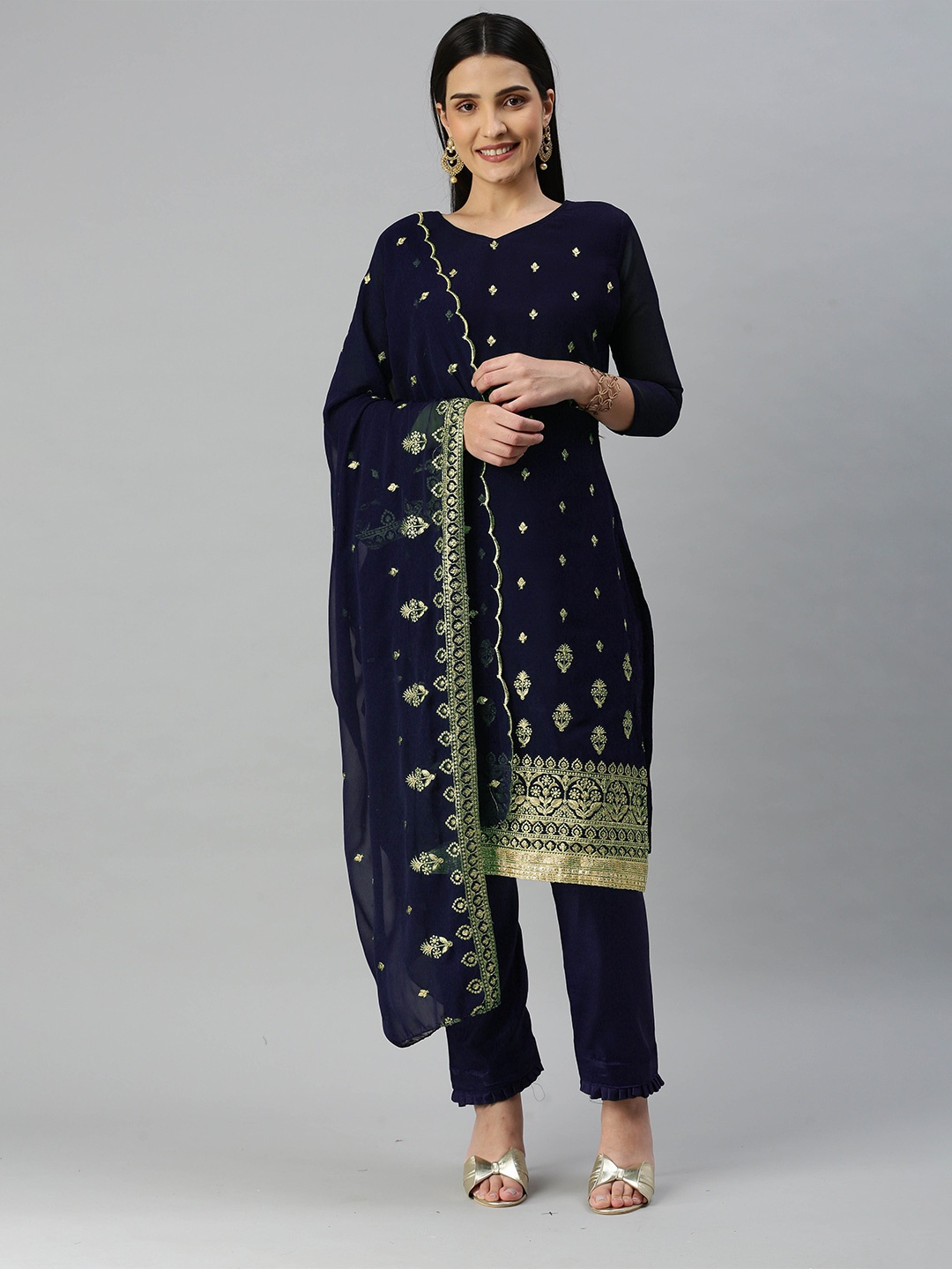 

MANVAA Embroidered Unstitched Dress Material, Navy blue