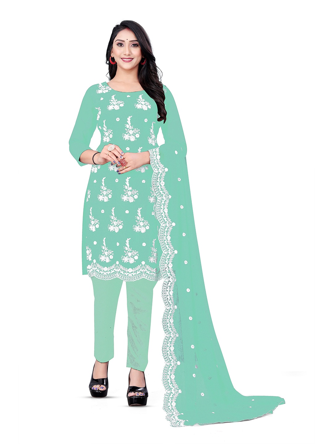 

MANVAA Floral Embroidered Organza Unstitched Dress Material, Sea green