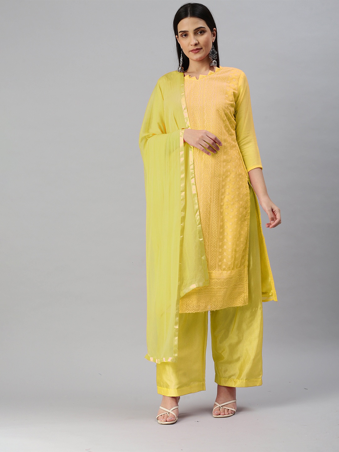 

MANVAA Floral Embroidered Unstitched Dress Material, Yellow