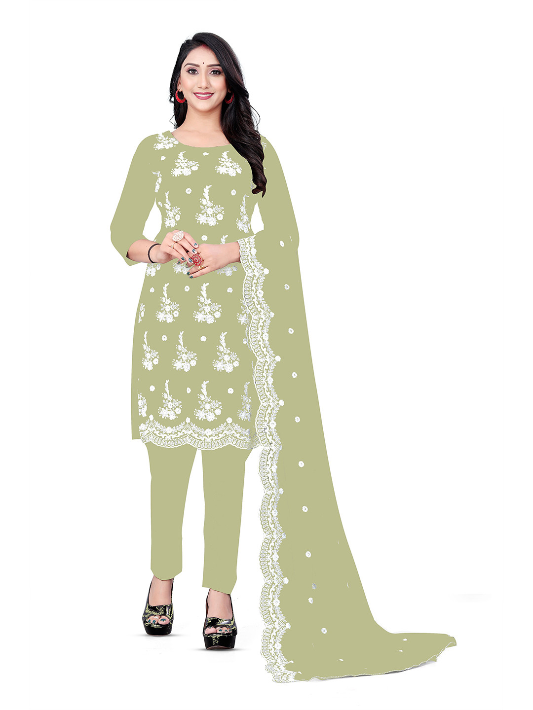 

MANVAA Ethnic Motifs Embroidered Unstitched Dress Material, Lime green