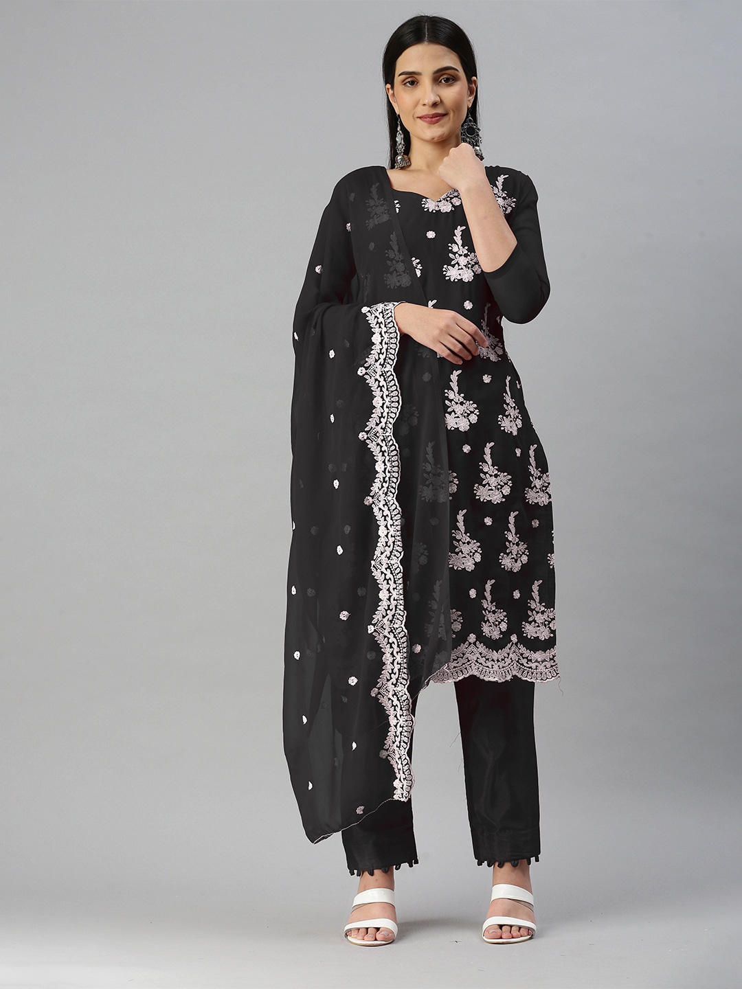 

MANVAA Floral Embroidered Unstitched Dress Material, Black