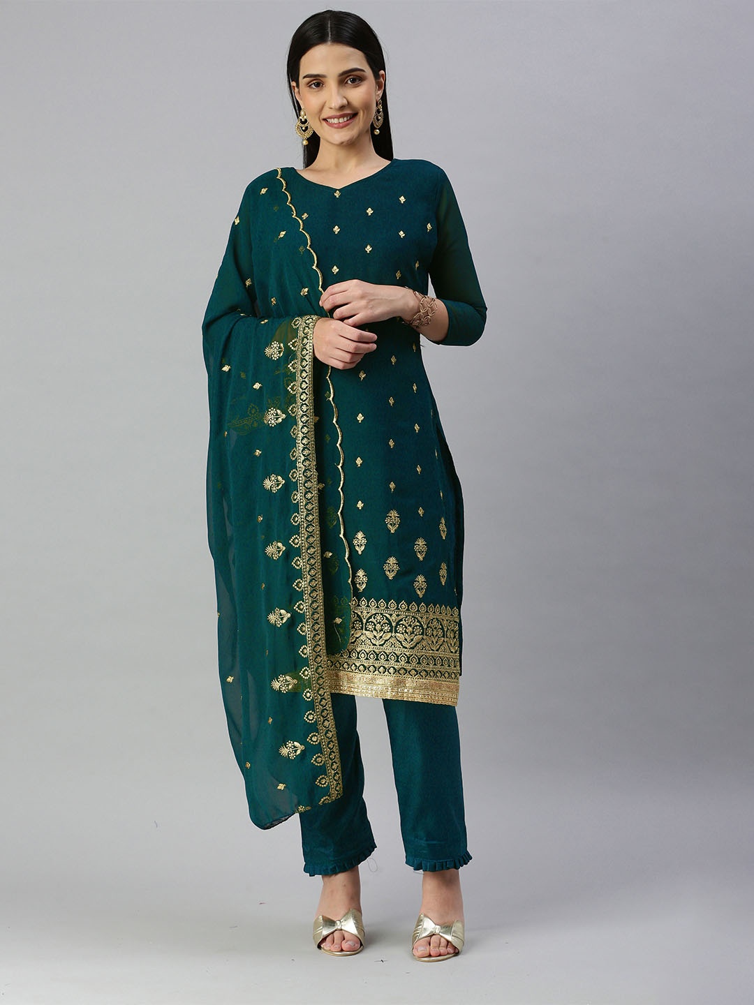 

MANVAA Teal & Gold-Toned Embroidered Unstitched Dress Material