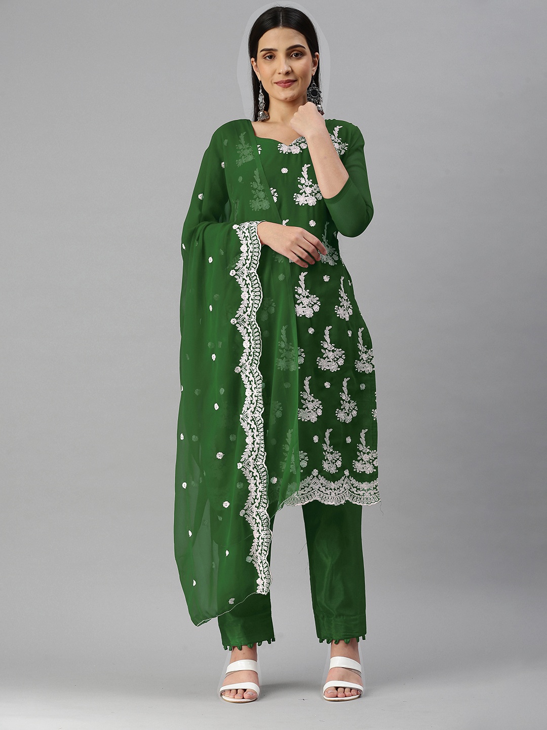 

MANVAA Green & White Embroidered Unstitched Dress Material