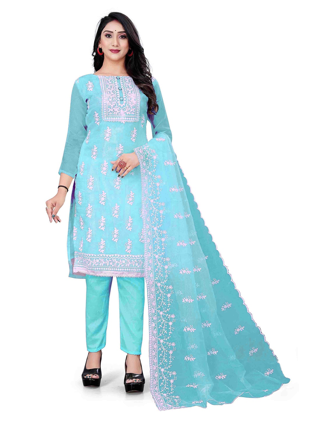 

MANVAA Sea Green & Pink Embroidered Organza Unstitched Dress Material