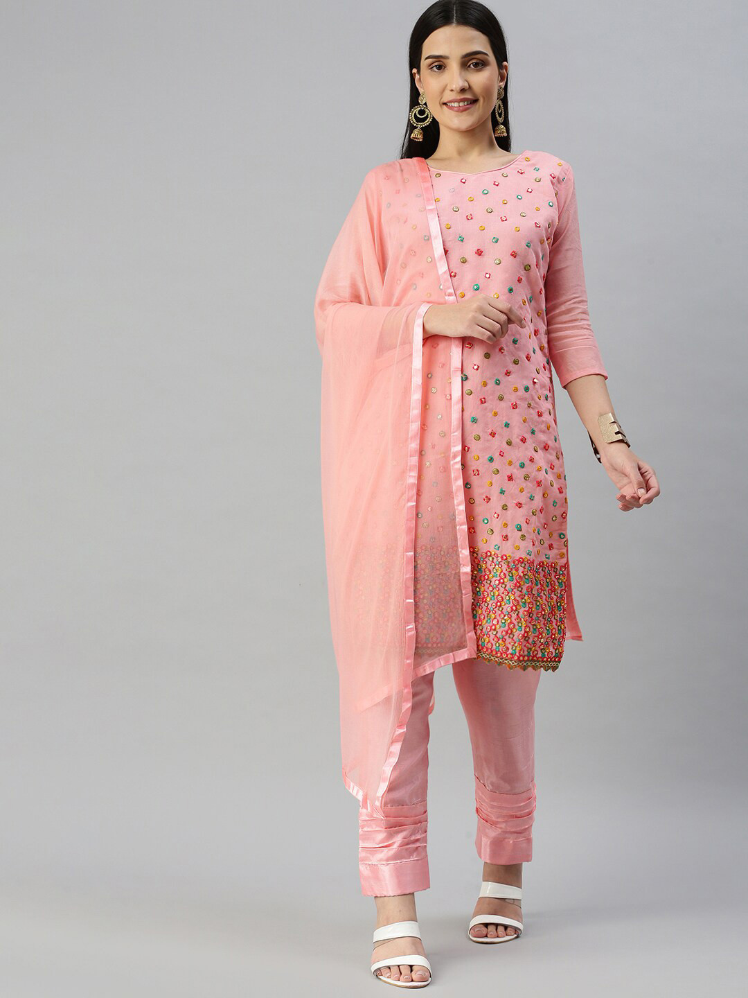 

MANVAA Ethnic Motifs Embroidered Mirror Work Unstitched Dress Material, Peach