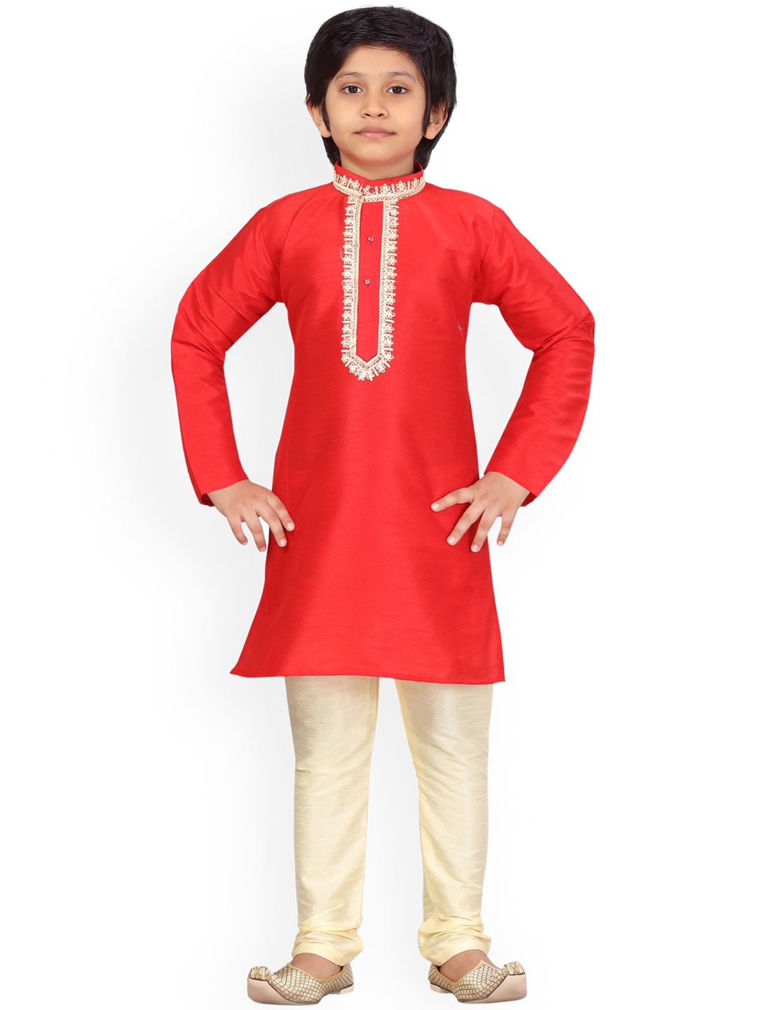 

BAESD Boys Ethnic Motifs Yoke Design Pure Cotton Straight Kurta With Pyjamas, Red