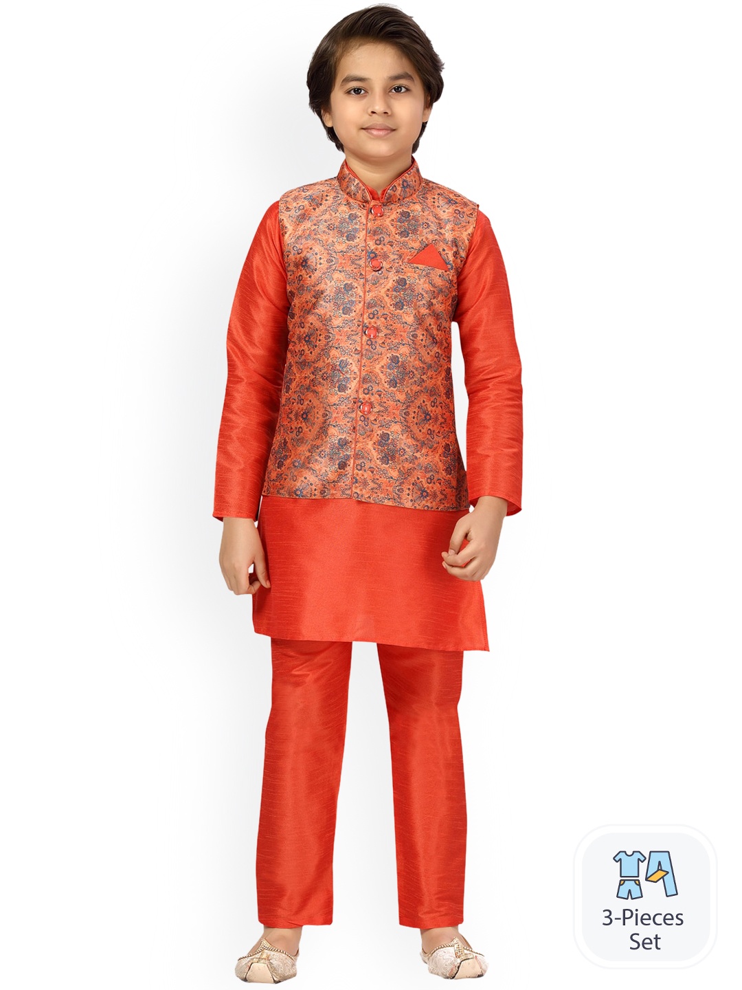 

BAESD Boys Mandarin Collar Pure Cotton Straight Kurta With Pyjamas & Nehru jacket, Orange