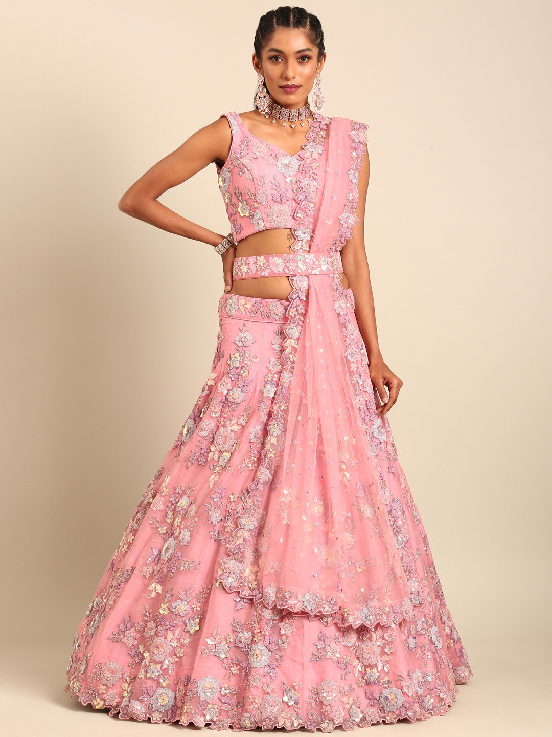 

panchhi Embroidered Sequinned Semi-Stitched Lehenga & Unstitched Blouse With Dupatta, Pink