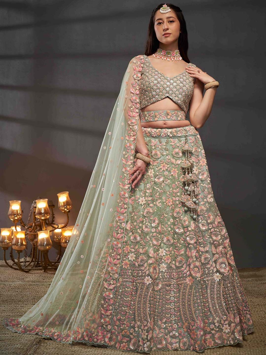 

panchhi Embroidered Sequinned Semi-Stitched Lehenga & Unstitched Blouse With Dupatta, Sea green