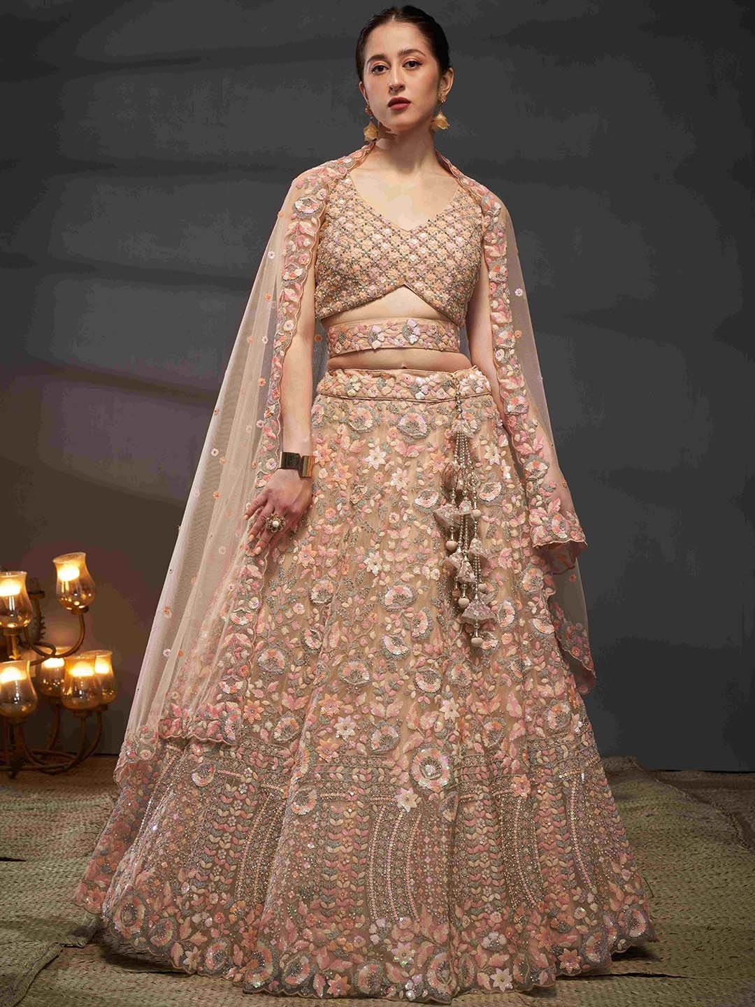 

panchhi Embroidered Sequinned Semi-Stitched Lehenga & Unstitched Blouse With Dupatta, Peach