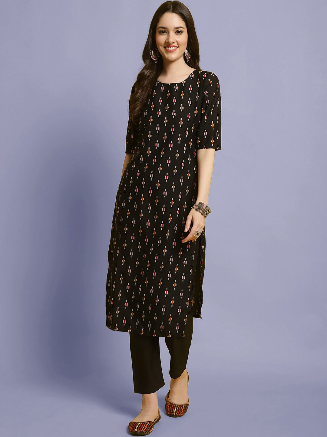 

7Threads Ethnic Motifs Printed Straight Kurta With Trousers, Navy blue