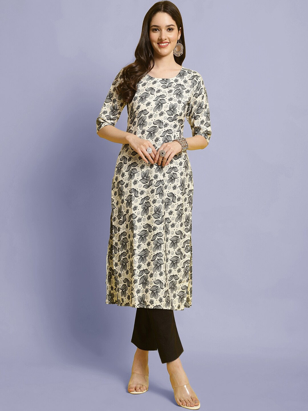 

7Threads Floral Printed Regular Kurta With Trousers, White