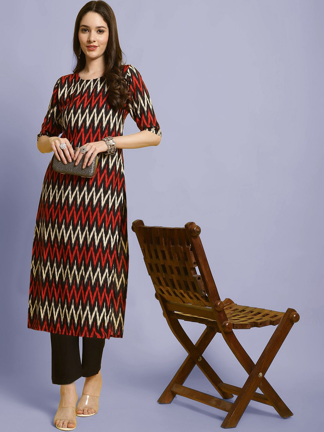

7Threads Printed Regular Kurta With Trousers, Black