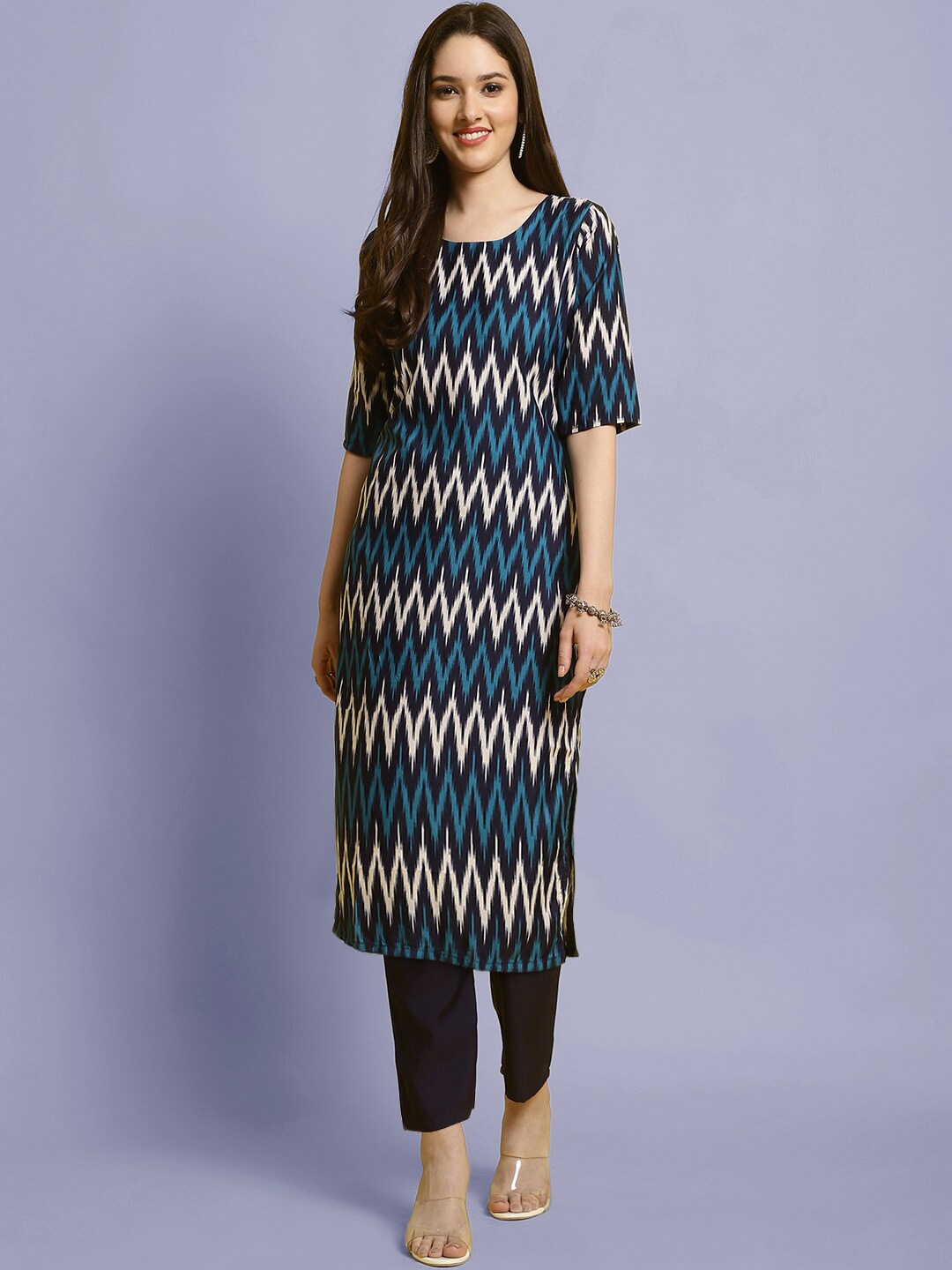

7Threads Printed Regular Kurta with Trousers, Navy blue