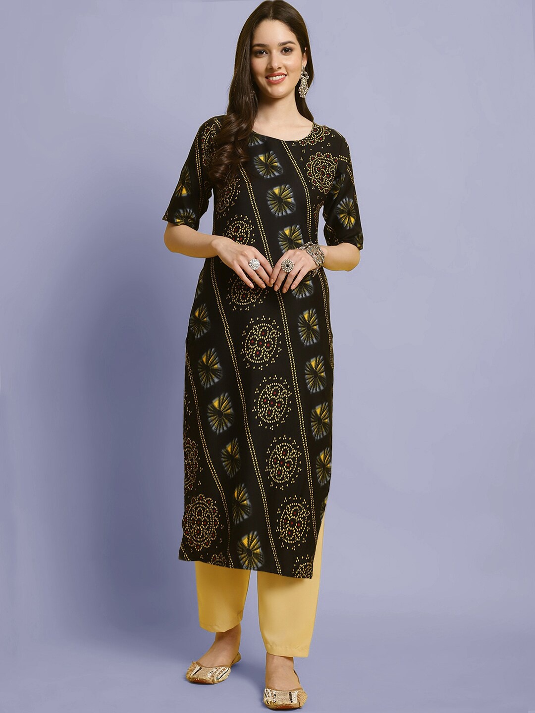 

7Threads Bandhani Printed Regular Kurta With Trousers, Black