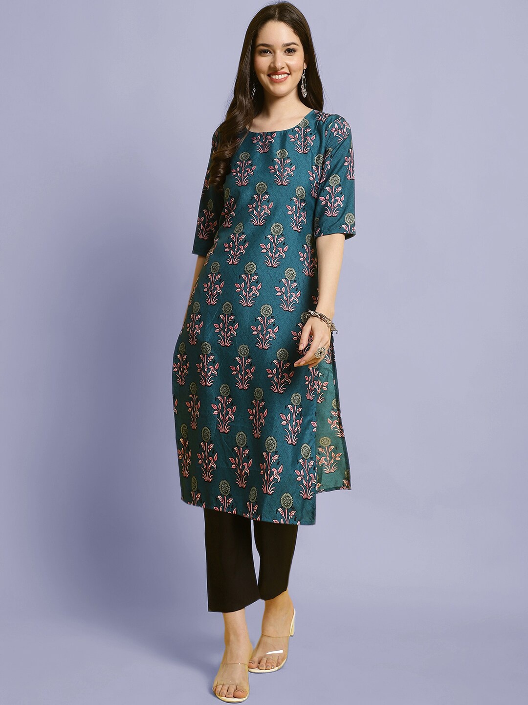 

7Threads Floral Printed Kurta with Trousers, Green