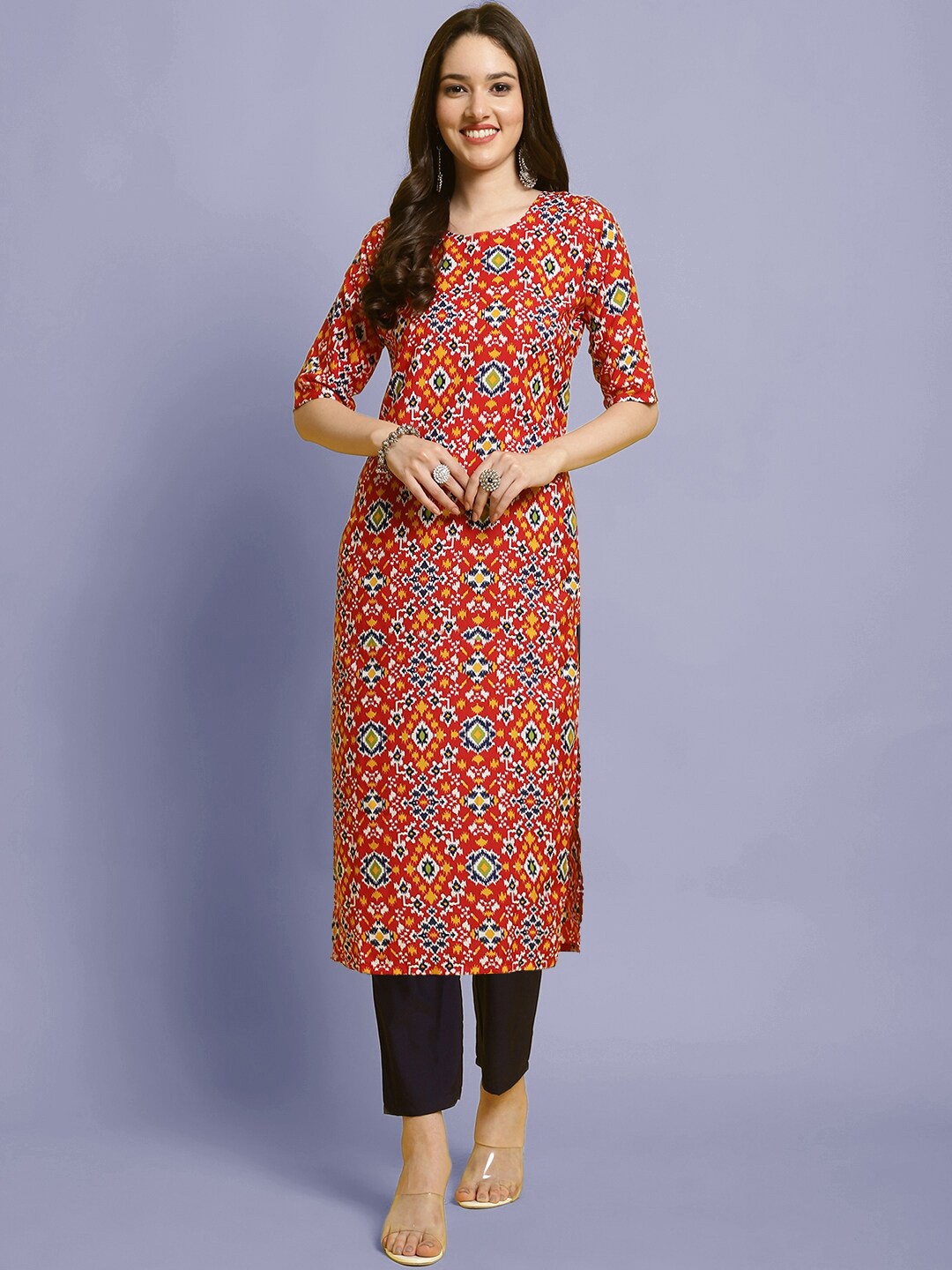 

7Threads Ethnic Motifs Printed Straight Kurta With Trousers, Red