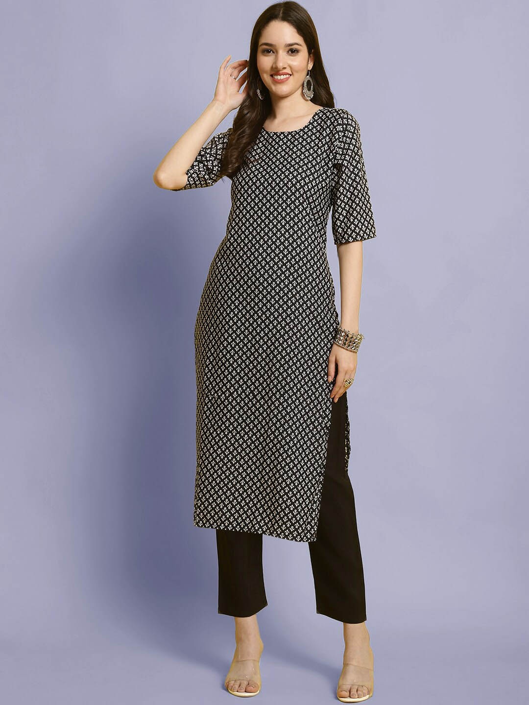 

7Threads Ethnic Motifs Printed Regular Kurta with Trousers, Black