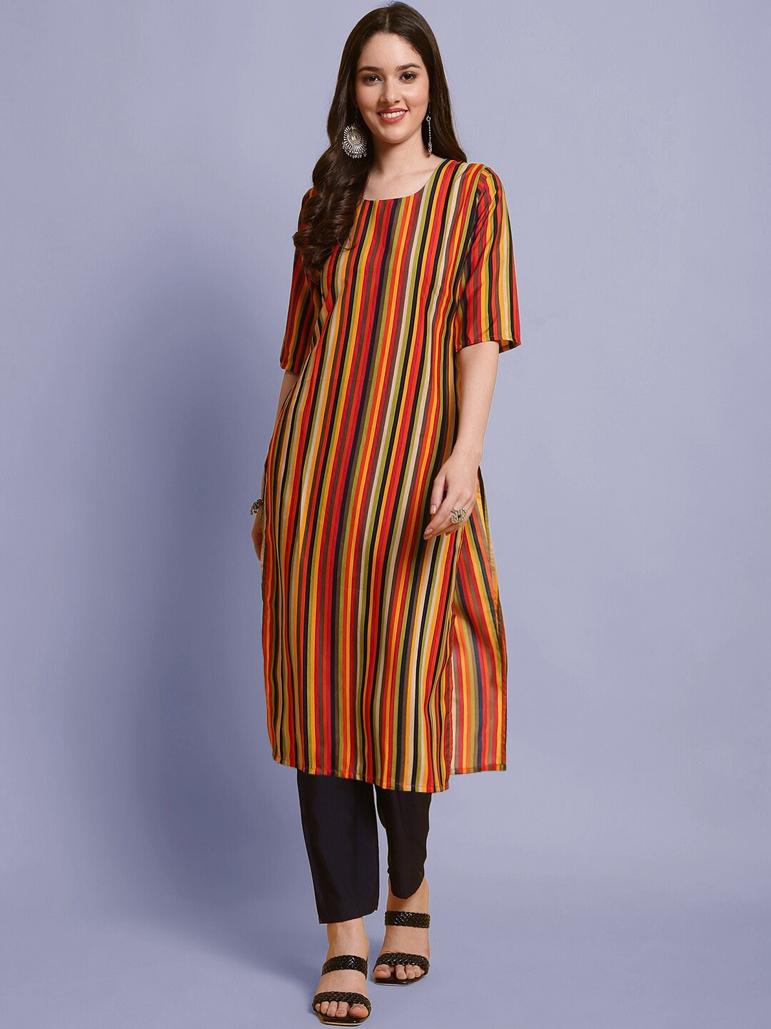 

7Threads Striped Regular Kurta With Trousers, Red