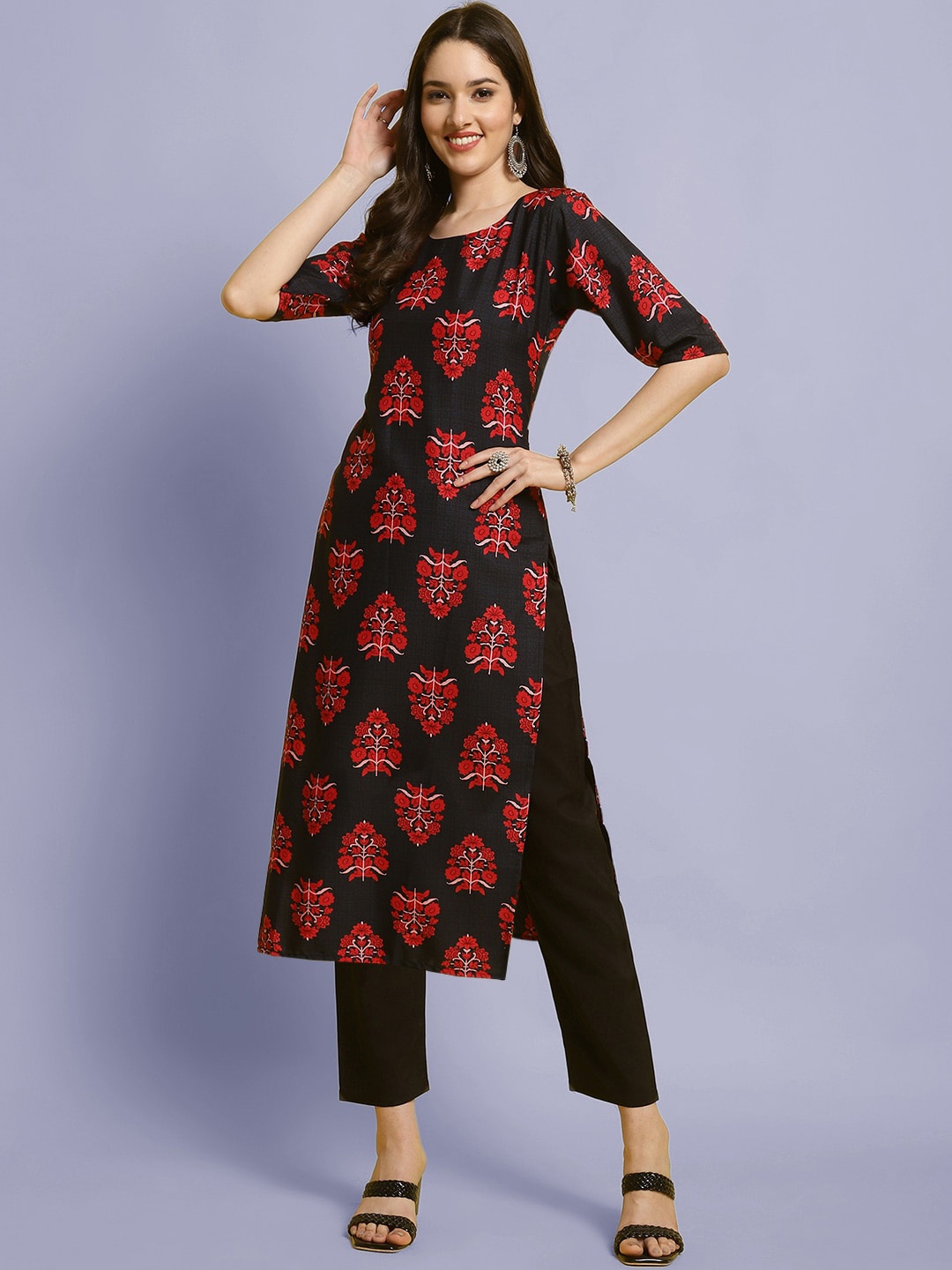 

7Threads Ethnic Motif Printed Round Neck Straight Kurta With Trousers, Black