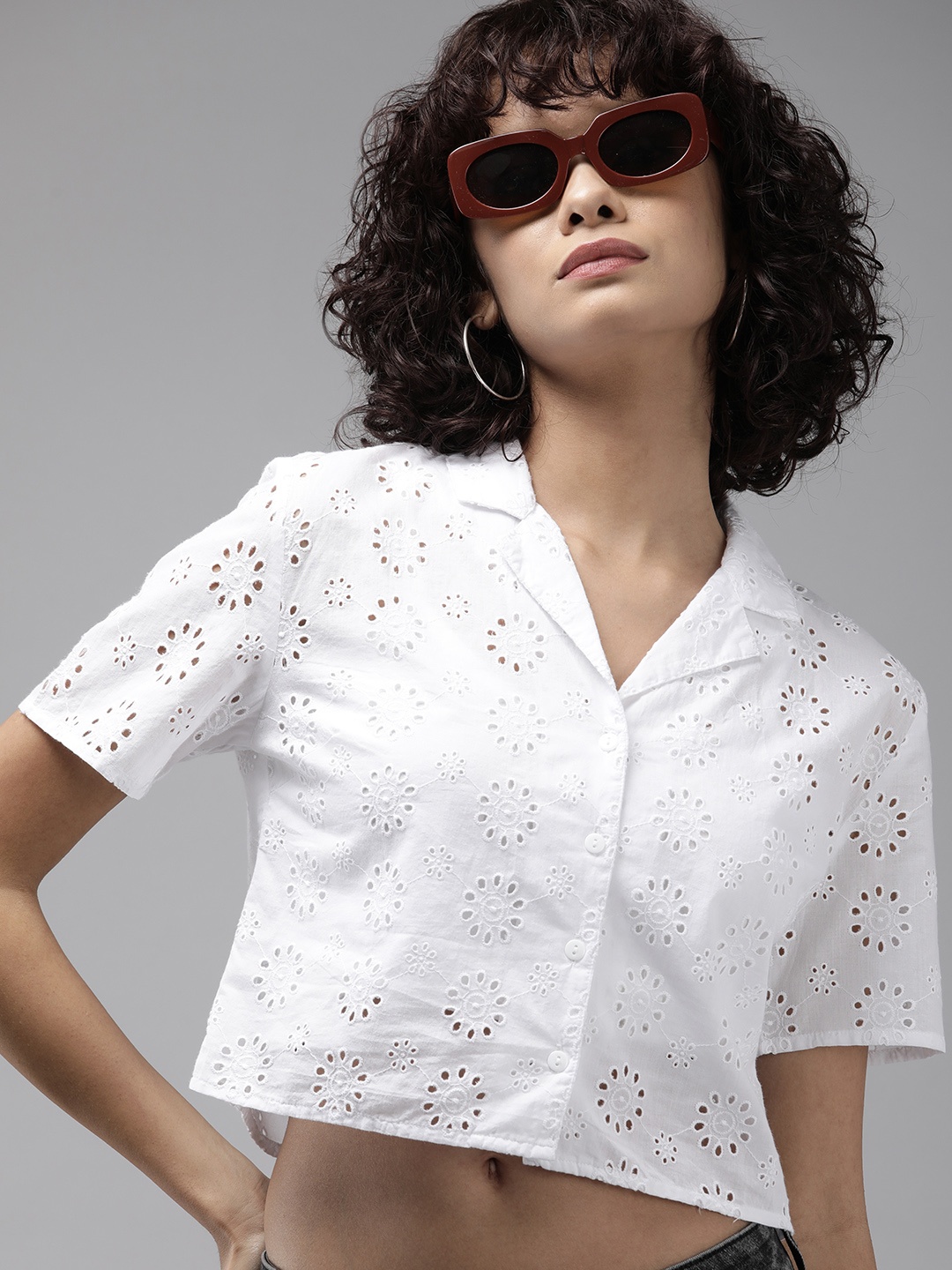 

Roadster Floral Schiffli Sheer Pure Cotton Casual Crop Shirt, White