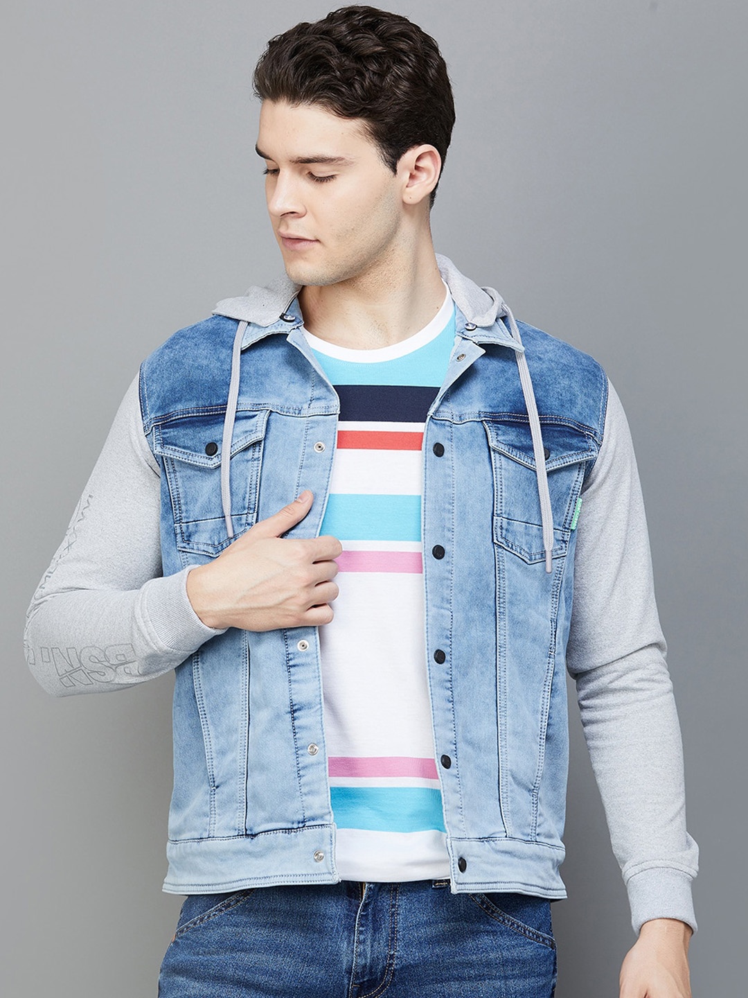 

Bossini Hooded Neck Washed Cotton Denim Jacket, Blue