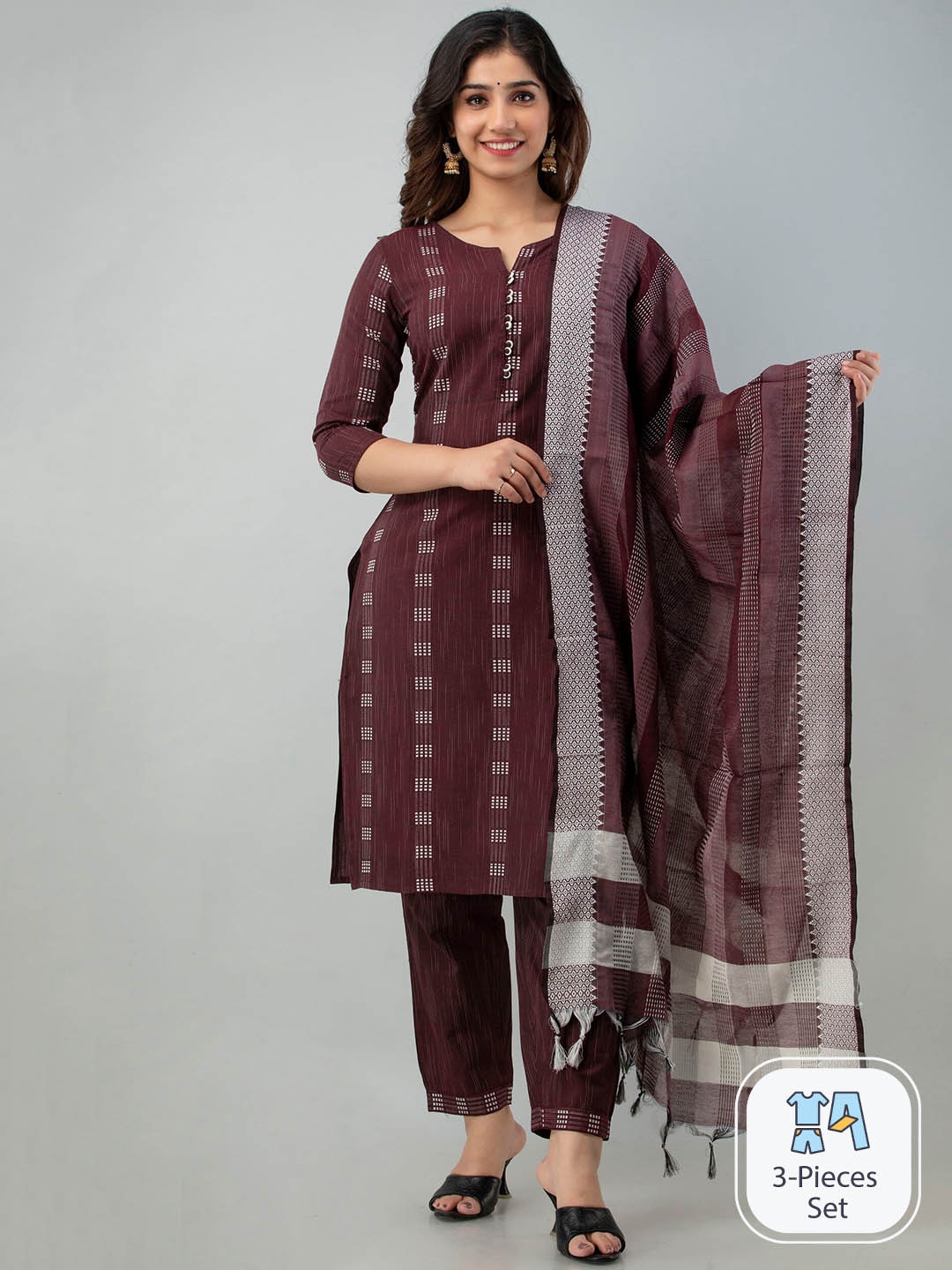 

Charu Geometric Woven Design Pure Cotton Kurta with Trousers & Dupatta, Maroon