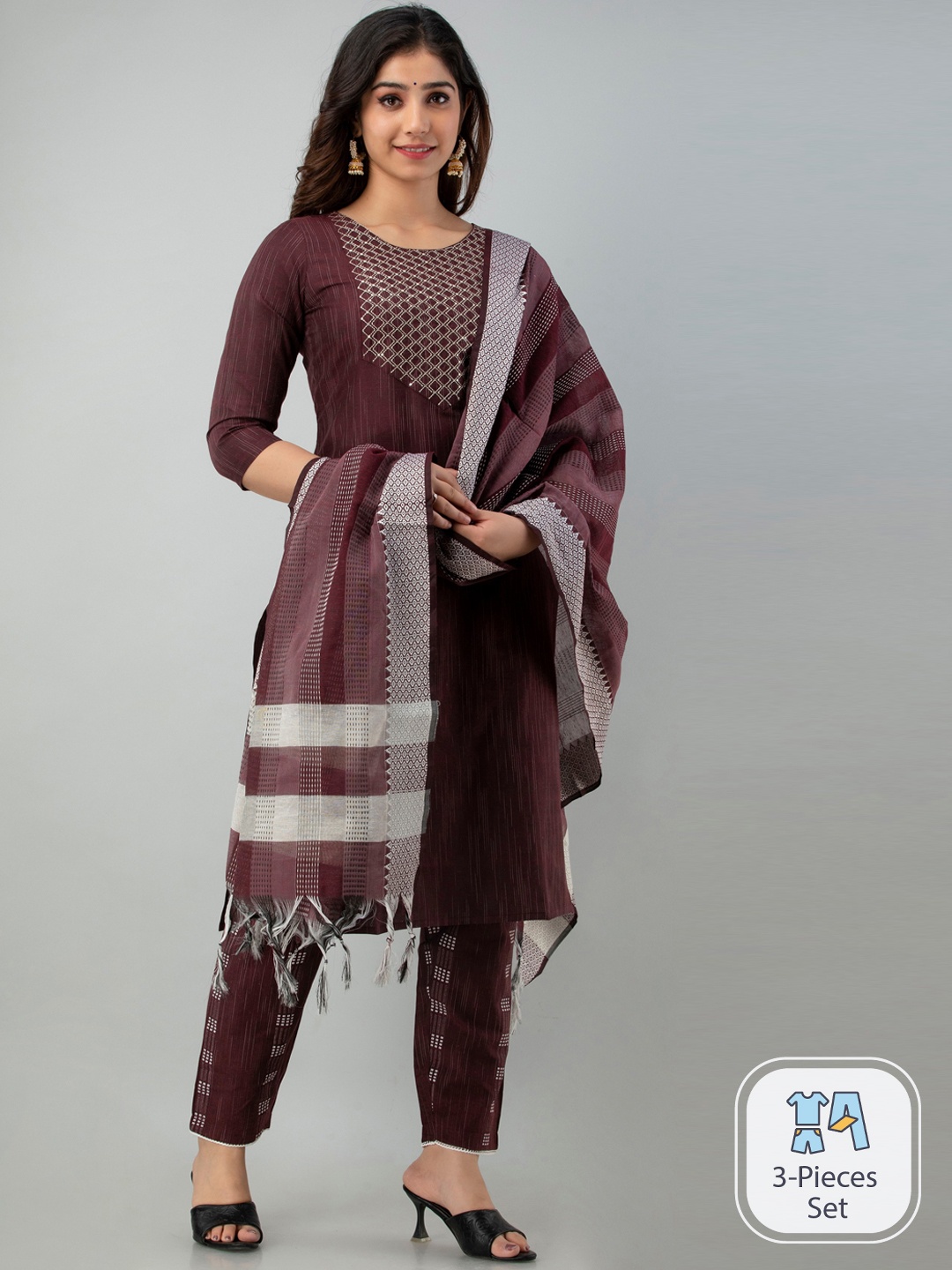 

Charu Embroidered Regular Pure Cotton Kurta with Trousers & Dupatta, Maroon